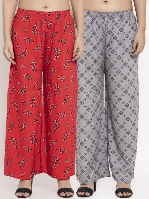 KLOTTHE Women Pack Of 2 Red & Grey Printed Straight-Fit Palazzos