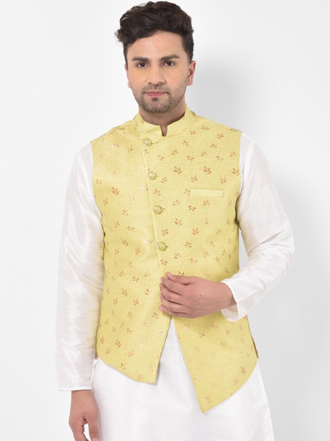 SG LEMAN Men Yellow & Brown Woven Design Nehru Jacket