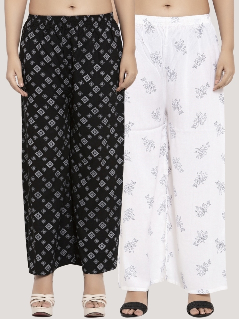 KLOTTHE Women Pack Of 2 Printed Straight Palazzos, Black