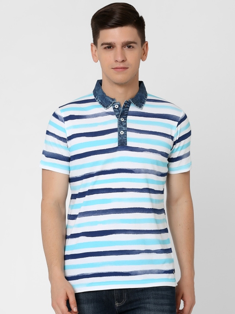 MARCA Disati Men White Striped Polo Collar T-shirt