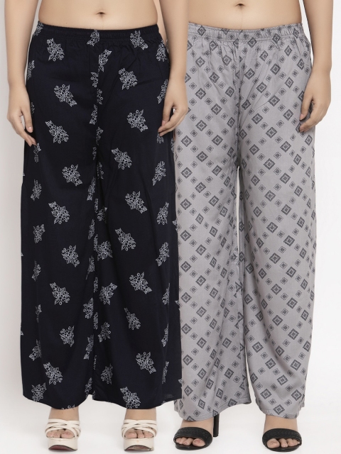 KLOTTHE Women Pack Of 2 Black & Grey Printed Straight Palazzos