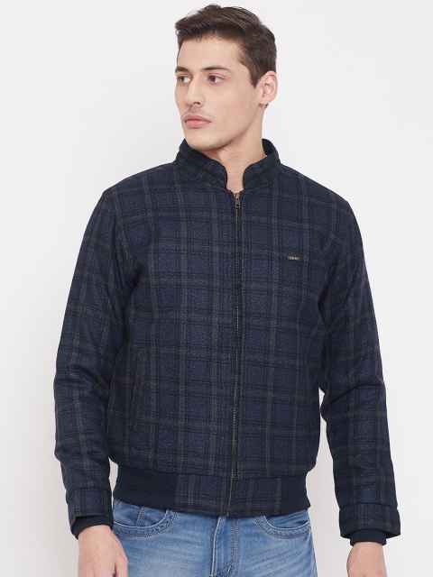 NEVA Men Navy Blue Checked Bomber Jacket