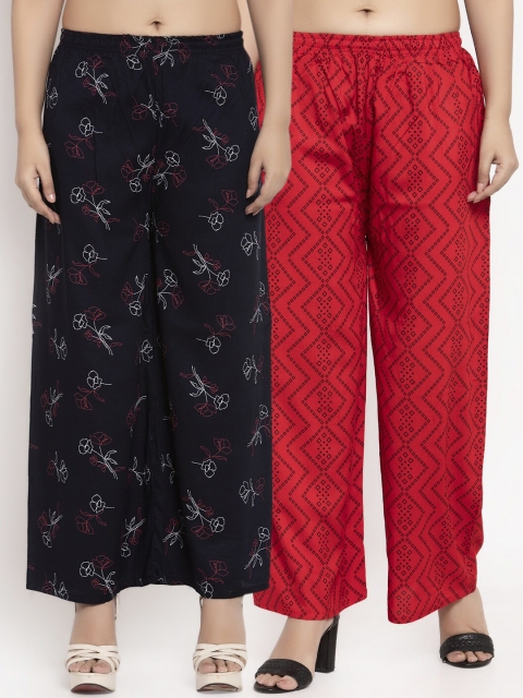 KLOTTHE Women Pack Of 2 Red & Black Printed Straight Palazzos