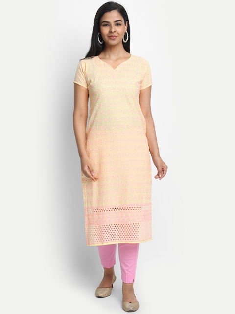 7Threads Women Yellow Woven Design Straight Kurta