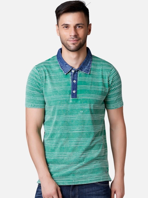MARCA Disati Men Green Striped Polo Collar T-shirt
