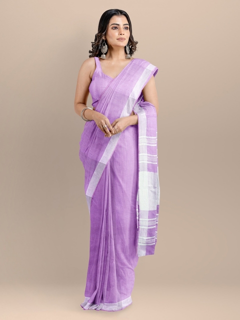 BharatSthali Lavender Pure Cotton Solid Jamdani Saree