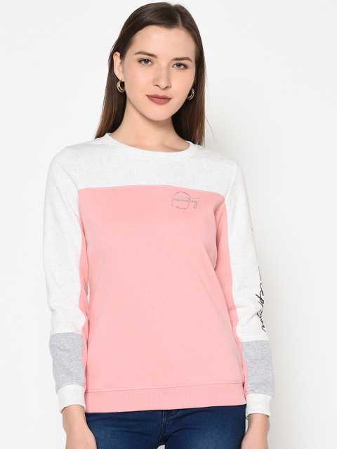METTLE Women White & Pink Colourblocked Sweatshirt