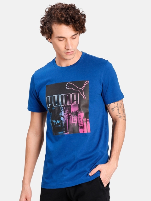 Puma Men Blue & Black Printed Round Neck T-shirt