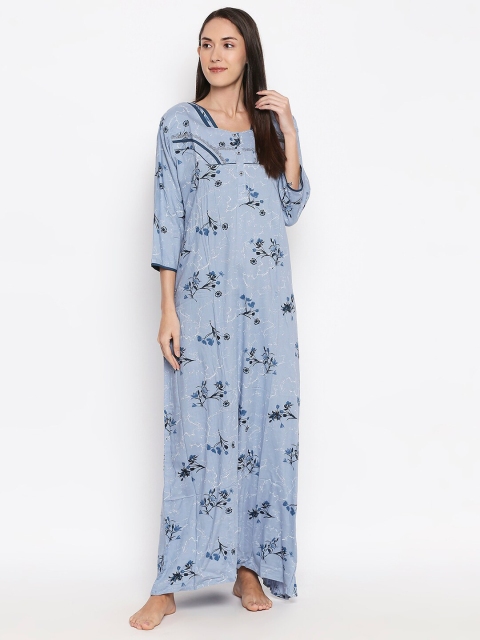 XIN Women Blue & Navy Blue Printed Maxi Nightdress