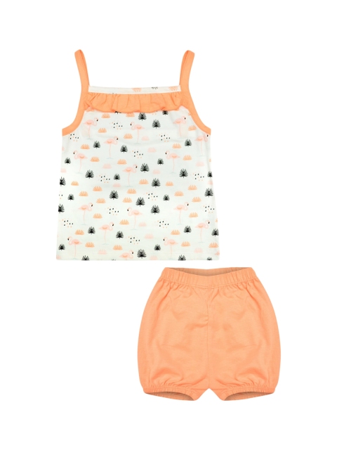 The Flybees Girls White & Peach Printed Clothing Set