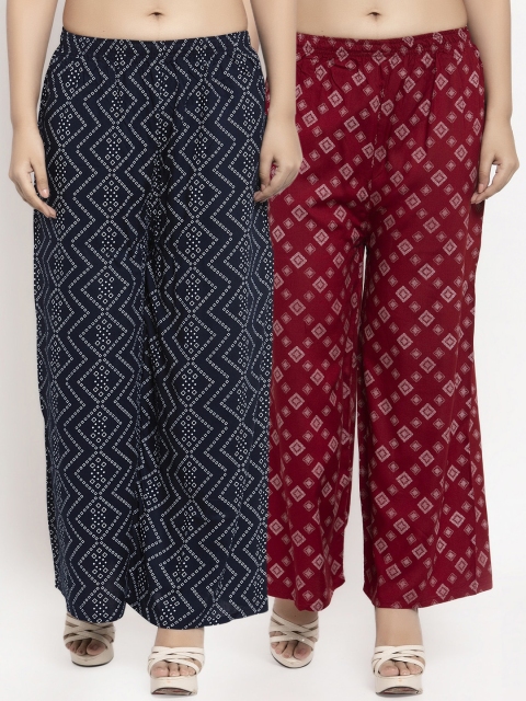 KLOTTHE Women Pack Of 2 Printed Straight Palazzos, Navy blue