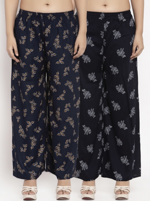 KLOTTHE Women Pack Of 2 Black & Navy Blue Printed Straight Palazzos