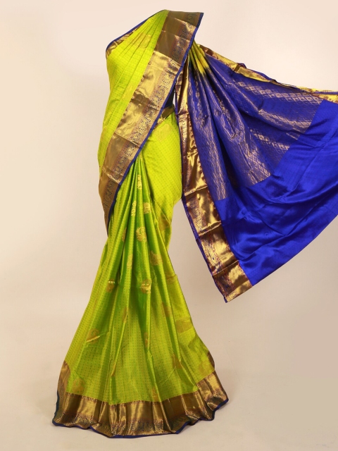 Pothys Fluorescent Green & Blue Pure Silk Printed Kanjeevaram Saree