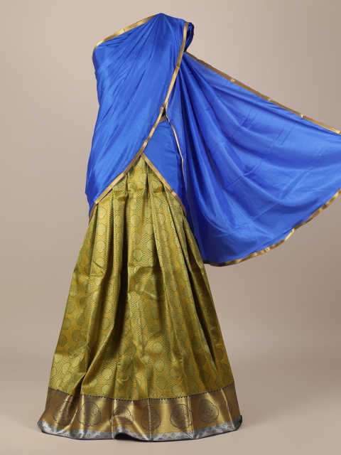 Pothys Olive Green & Blue Woven Design Semi-Stitched Half Saree