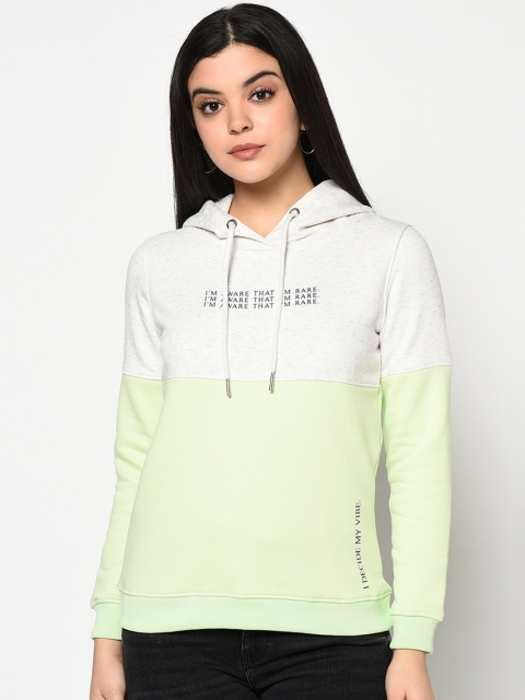 METTLE Women White & Green Colourblocked Hooded Sweatshirt