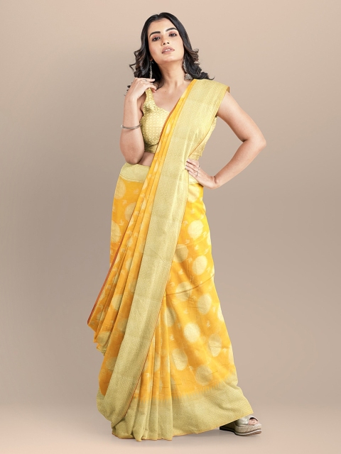 BharatSthali Yellow Checked Banarasi Saree