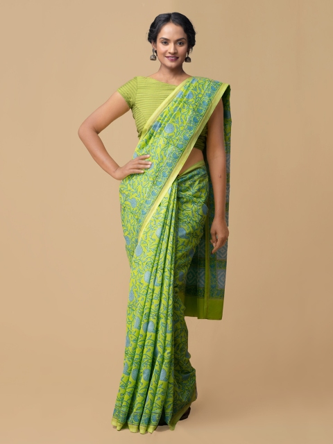 Unnati Silks Green Pure Cotton Printed Chanderi Handloom Saree