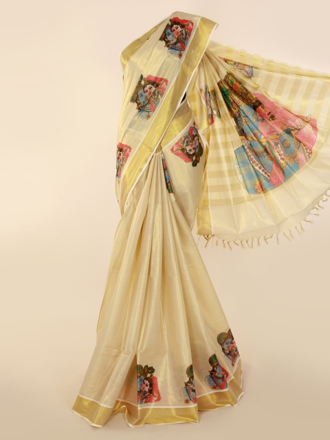 Pothys Beige Pure Cotton Printed Kasavu Saree