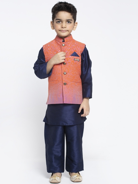 MAXENCE Boys Blue & Peach-Coloured Solid Kurta with Pyjamas