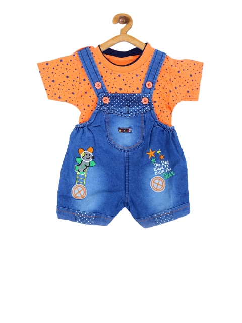 ICABLE Kids Orange & Blue Printed Dungaree Set