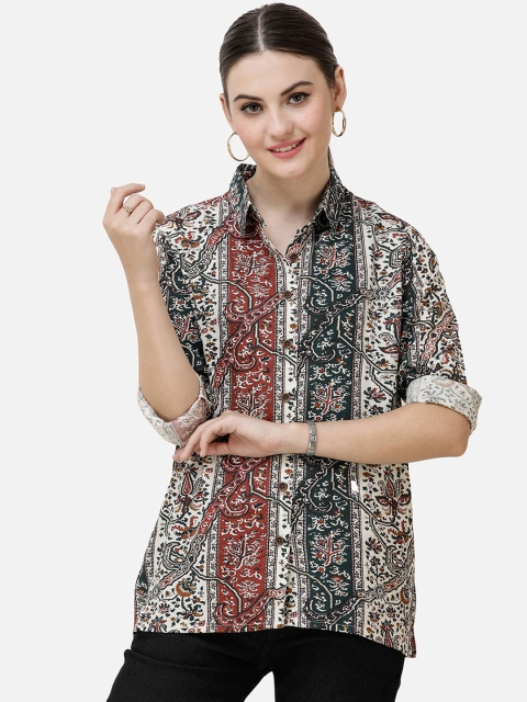 DECHEN Women Maroon & Black Slim Fit Printed Casual Shirt