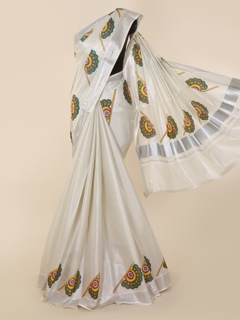 Pothys Silver-Toned Pure Cotton Printed Kasavu Saree
