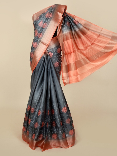 Pothys Grey Printed Jute Silk Saree
