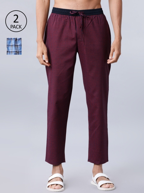 HIGHLANDER Men Pack of 2 Checked Lounge Pants, Navy blue