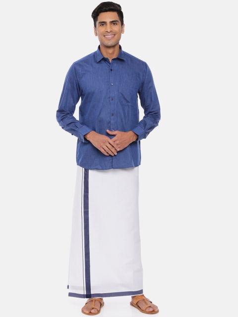UATHAYAM Men Navy Blue & White Solid Shirt With Dhoti