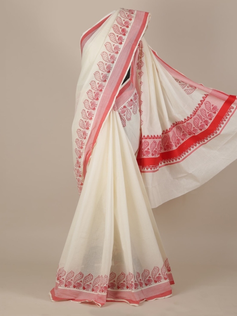 Pothys Off-White & Red Pure Cotton Printed Kasavu Saree