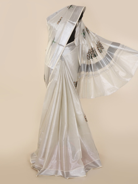 Pothys Silver-Toned & Grey Pure Cotton Printed Banarasi Saree