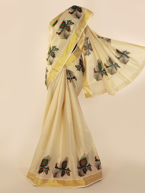 Pothys Cream-Coloured & Gold-Toned Pure Cotton Printed Kasavu Saree