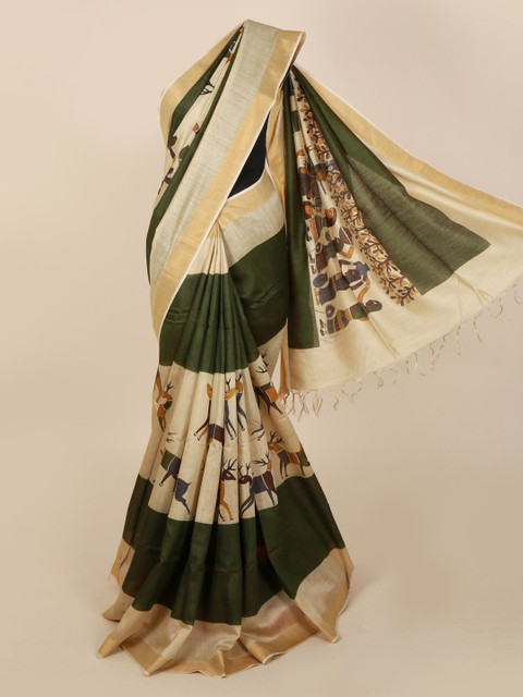 Pothys Cream-Coloured & Green Jute Silk Printed Tussar Saree 
Pothys Cream-Coloured & Green Jute Silk Printed Tussar Saree