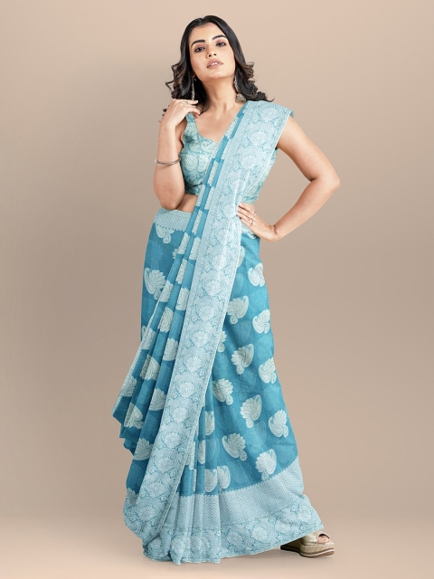 BharatSthali Blue Checked Banarasi Saree