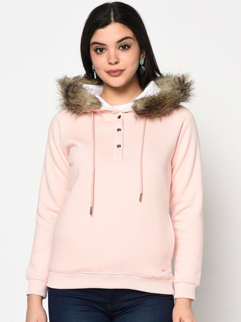 METTLE Women Pink Solid Sweatshirt with Detachable Hood