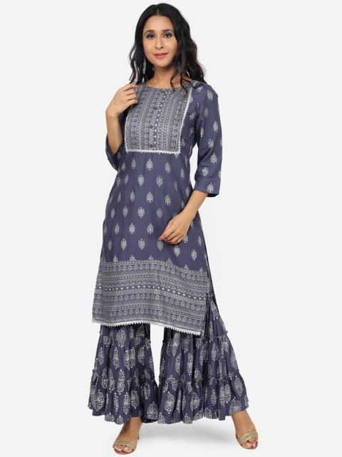 Paislei Women Grey Printed Kurta with Sharara