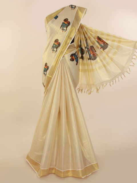 Pothys Gold-Toned & Beige Pure Cotton Printed Kasavu Saree