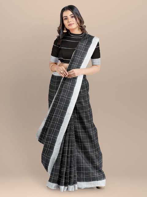 BharatSthali Black Checked Bhagalpuri Saree