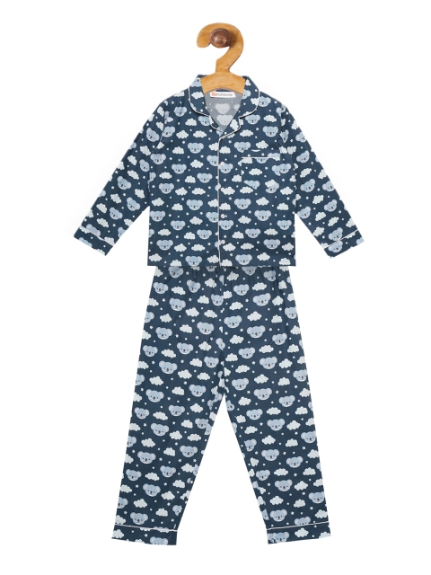 Fluffalump Kids Navy Blue & Off-White Printed Night suit