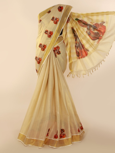 Pothys Beige Pure Cotton Printed Kasavu Saree