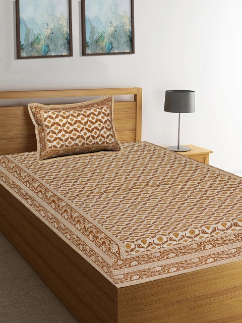 Tistabene Brown & Beige Printed 180 TC Single Bedsheet With Pillow Cover