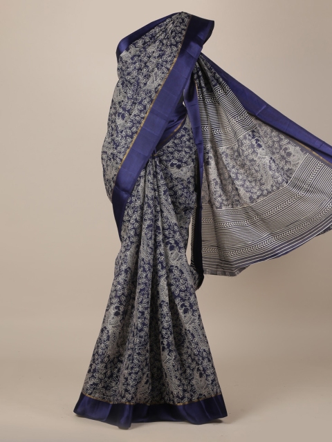 Pothys Navy Blue Printed Jute Silk Saree