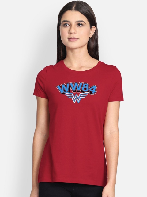 Free Authority Women Maroon Wonder Woman Printed Round Neck T-shirt