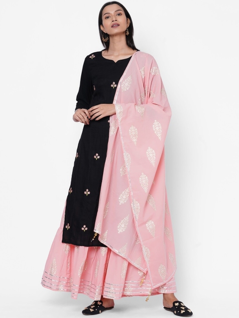 FASHOR Women Black Embroidered Kurta with Skirt & Dupatta