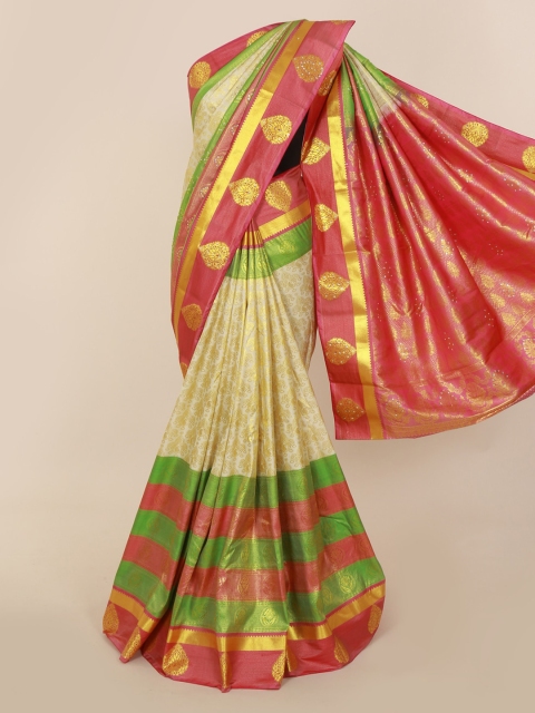 Pothys Off-White & Pink Pure Silk Woven Design Kanjeevaram Saree