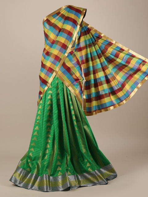 Pothys Green & Maroon Tissue Checked Half Saree