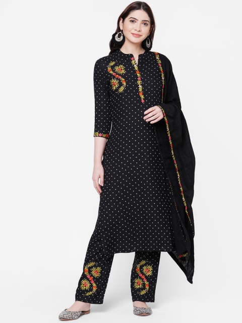 FASHOR Women Black Printed Kurta with Trousers & Dupatta