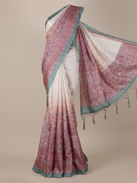 Pothys Cream-Coloured & Mauve Jute Silk Printed Saree