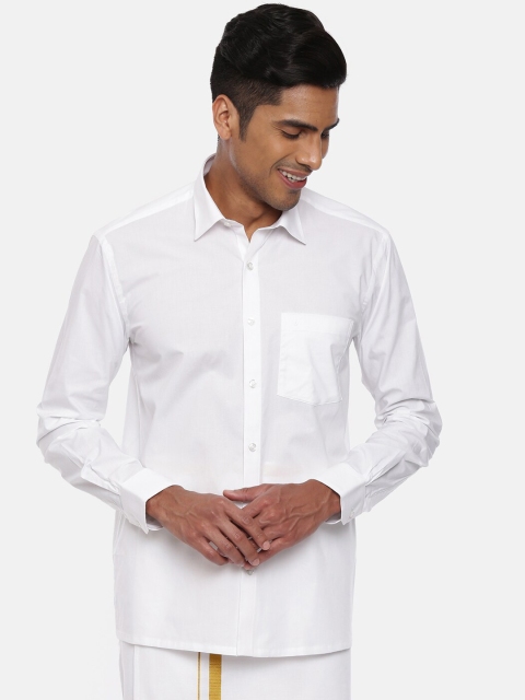 UATHAYAM Men White Standard Regular Fit Solid Cotton Shirt