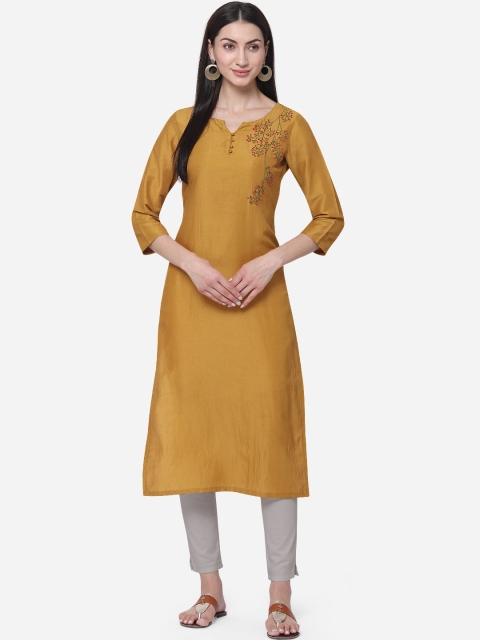 Kvsfab Women Mustard Brown Embroidered Straight Kurta